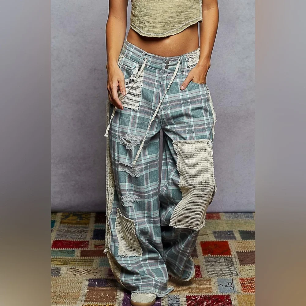 NWT POL Plaid 90’s Grunge Patchwork Crochet Wide Leg Pants Jeans Denim - Picture 3 of 7